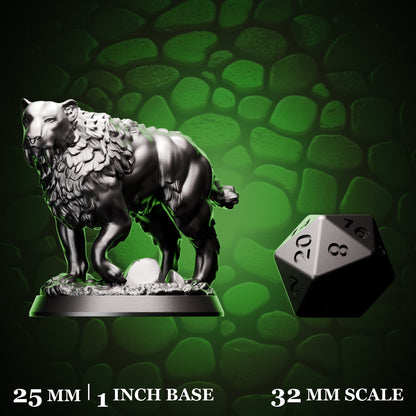 Saber Tooth Tiger shown beside a d20 for scale