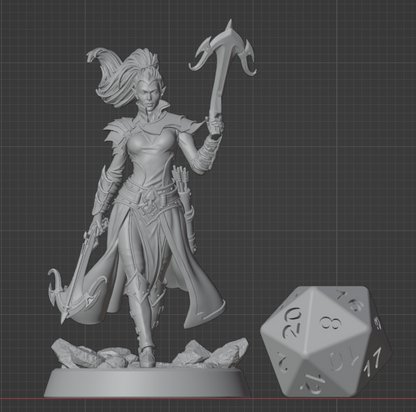 Scale comparison of the 32mm Elf Ranger miniature standing beside a standard D20 die to demonstrate tabletop size and proportions.