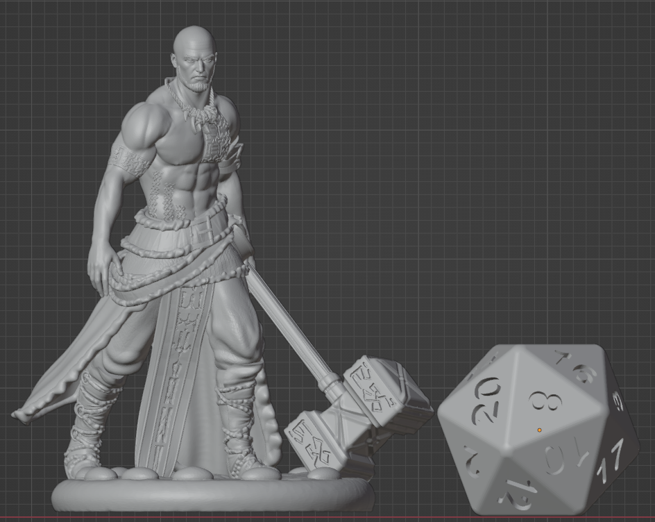 Scale comparison of the 32mm Goliath Barbarian miniature standing beside a standard-sized D20 die, showing the model’s height and tabletop presence