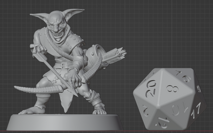 Goblin archer miniature shown beside a D20 die for scale, sized for standard 32mm tabletop RPG encounters.