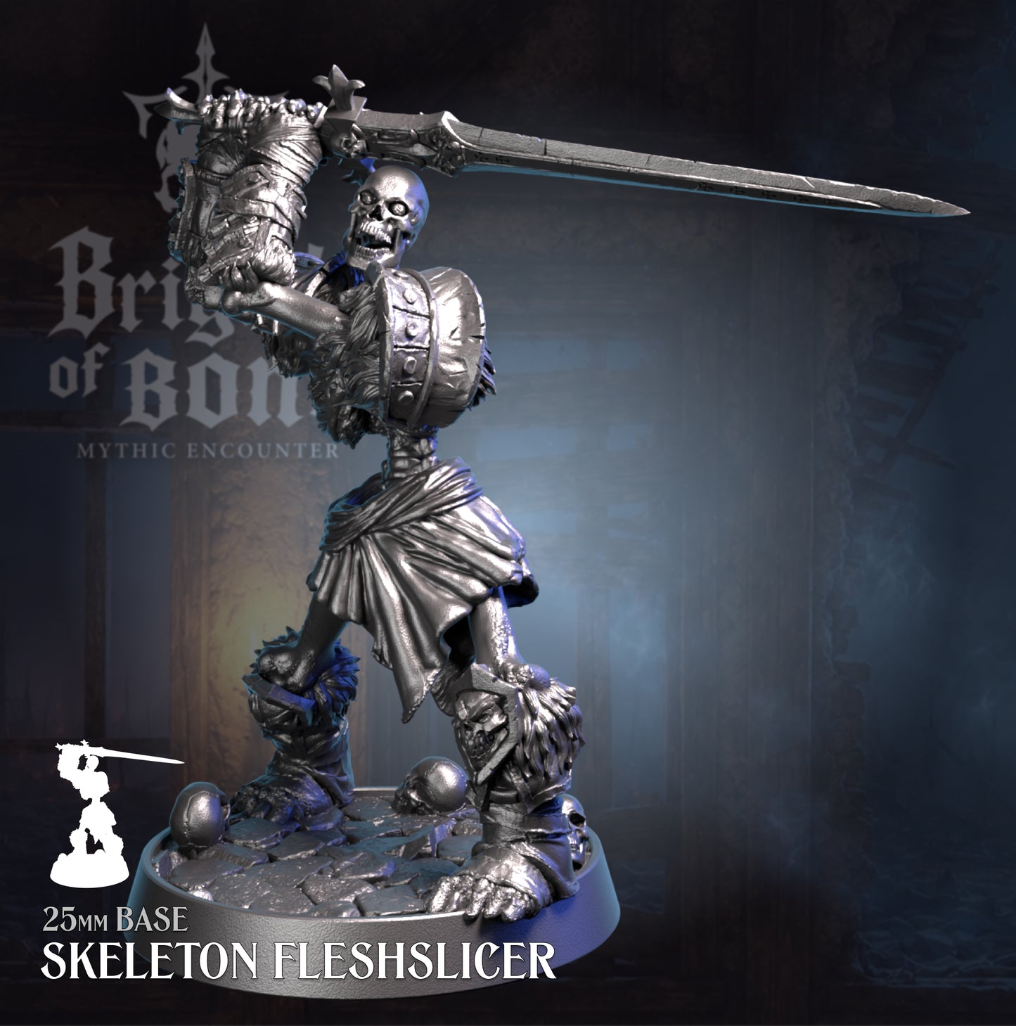 A 2.5mm base miniature figurine of a skeleton warrior holding a large sword, shown on a dark blue and gray background with 'Briz of Bone' and 'Skeleton Flesh slicer' text overlays.