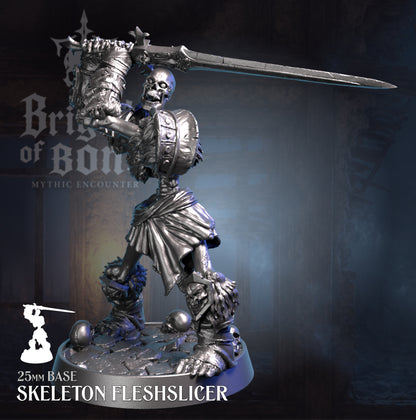 A 2.5mm base miniature figurine of a skeleton warrior holding a large sword, shown on a dark blue and gray background with 'Briz of Bone' and 'Skeleton Flesh slicer' text overlays.