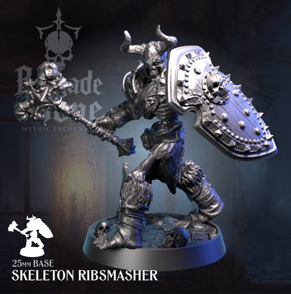 A fantasy miniature figurine of a horned skeleton warrior holding a large hammer and carrying a shield, shown on a dark base with branding text and logo in the background.