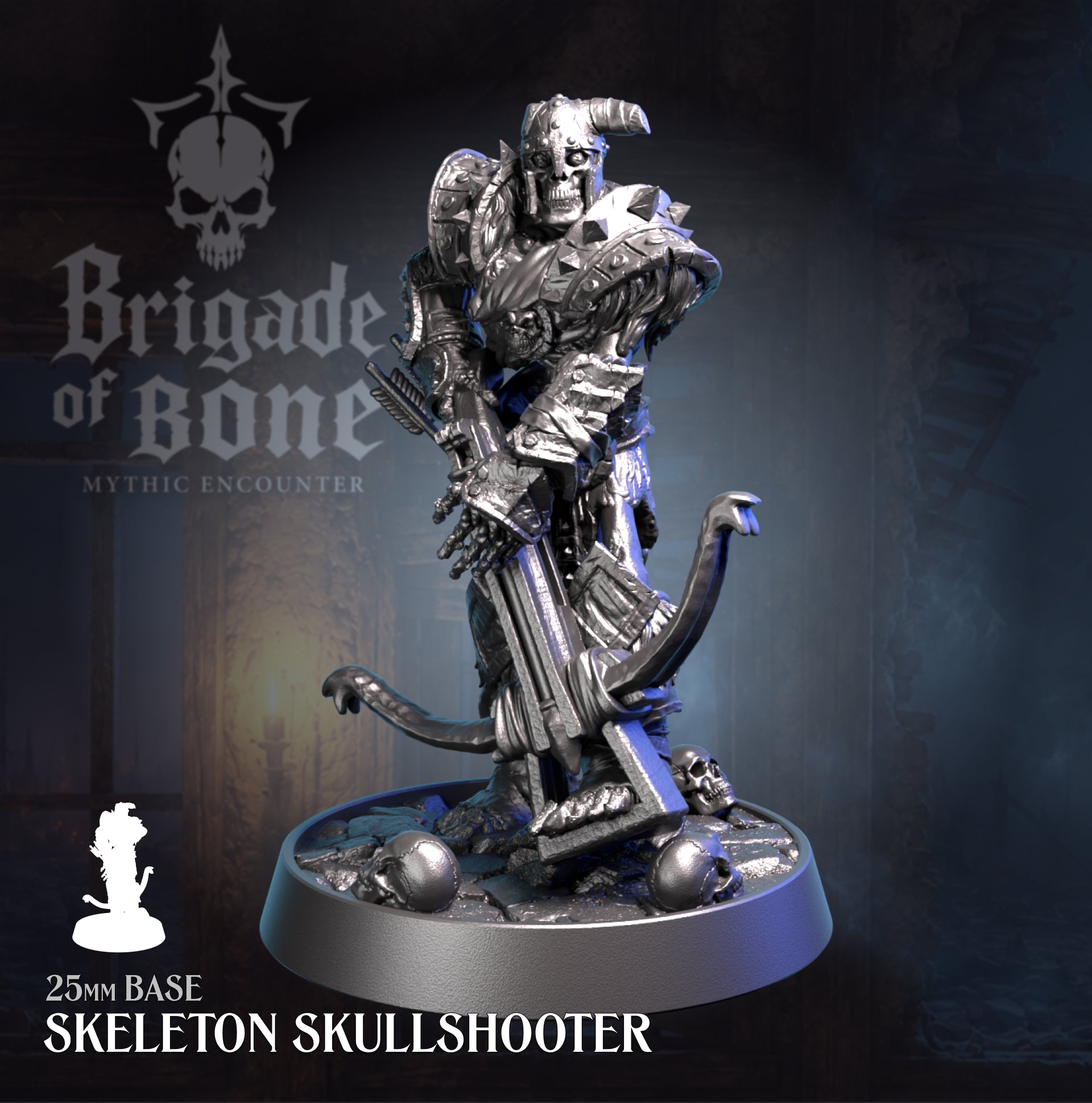 A metallic silver miniature figurine of a skeletal archer warrior on a round base, shown against a dark blue and gray background with 'Brigade of Bone' branding and product text.