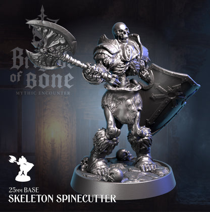 A silver metallic fantasy miniature figure labeled 'Skeleton Spinecutter' on a round base, shown against a dark blue-gray background with the text 'Brave of Bone' and '25mm BASE SKELETON SPINECUTTER'. The figure holds a large mace and shield, with skeletal armor and detailed sculpting visible.