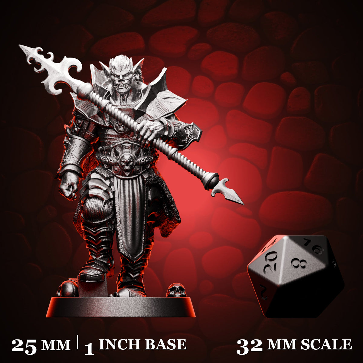 Vampire Armored Spear shown beside a d20 for scale