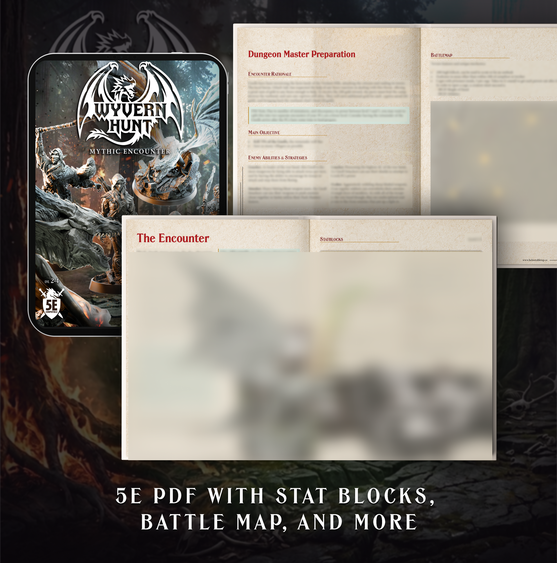 Preview of the Wyvern Hunt Mythic Encounter DM Handbook PDF by Helios Tabletop. Shows the Dungeon Master Preparation spread with sections for Encounter Rationale, Main Objective, Enemy Abilities and Strategies, Battlemap, and Stat Blocks. Included digitally with the physical miniature box.