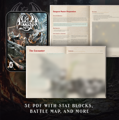 Preview of the Wyvern Hunt Mythic Encounter DM Handbook PDF by Helios Tabletop. Shows the Dungeon Master Preparation spread with sections for Encounter Rationale, Main Objective, Enemy Abilities and Strategies, Battlemap, and Stat Blocks. Included digitally with the physical miniature box.