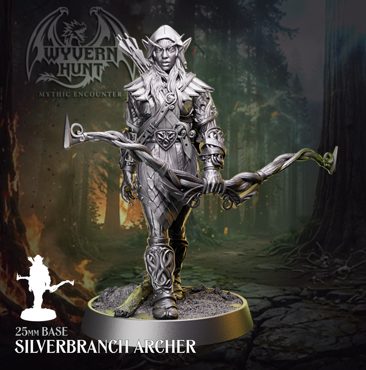 Physical resin tabletop miniature of a female Silverbranch Archer from the Wyvern Hunt Mythic Encounter by Helios Tabletop. Elf figure in scale and plate armour holding a twisted wood longbow at her side, mounted on a 25mm base. Compatible with D&D 5e and Pathfinder.