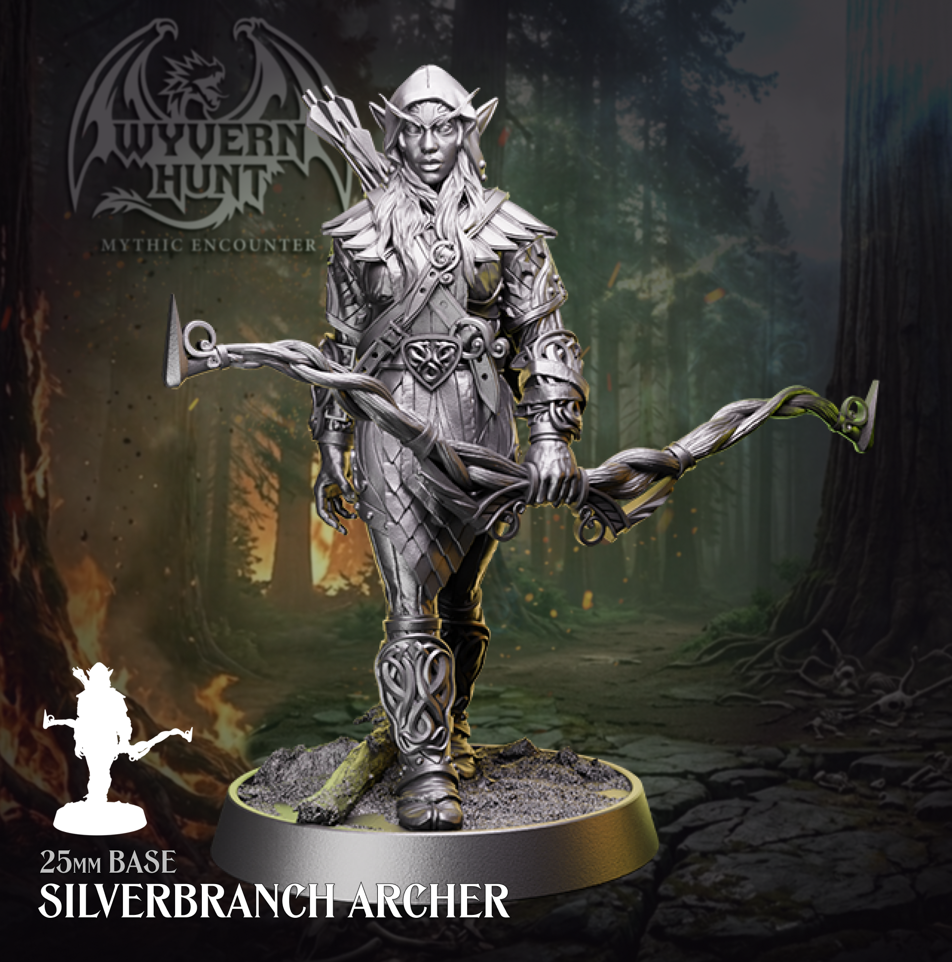 Physical resin tabletop miniature of a female Silverbranch Archer from the Wyvern Hunt Mythic Encounter by Helios Tabletop. Elf figure in scale and plate armour holding a twisted wood longbow at her side, mounted on a 25mm base. Compatible with D&D 5e and Pathfinder.