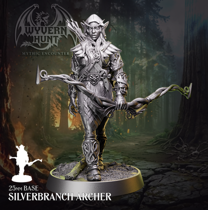 Physical resin tabletop miniature of a female Silverbranch Archer from the Wyvern Hunt Mythic Encounter by Helios Tabletop. Elf figure in scale and plate armour holding a twisted wood longbow at her side, mounted on a 25mm base. Compatible with D&D 5e and Pathfinder.
