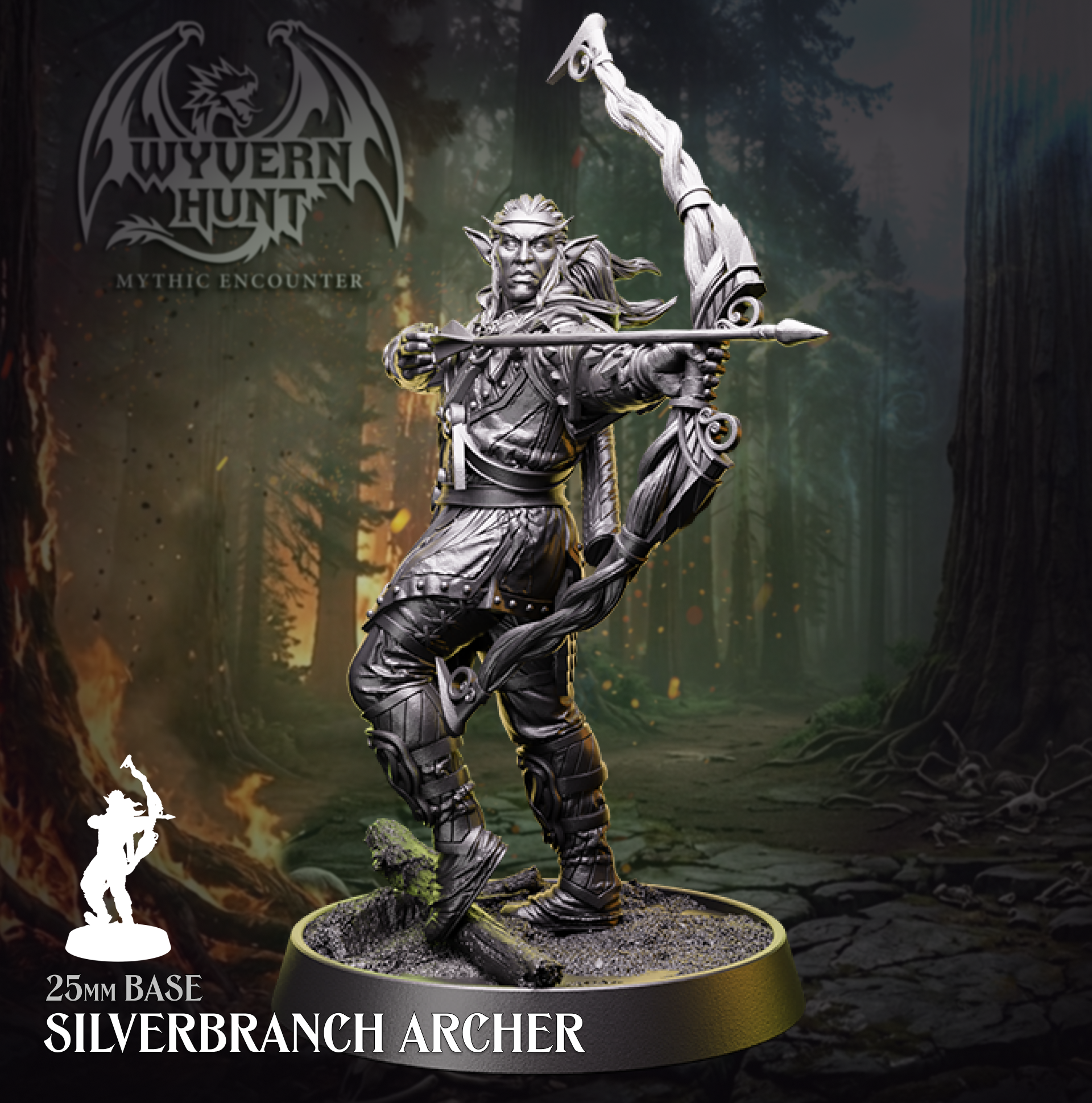 Physical resin tabletop miniature of a male Silverbranch Archer from the Wyvern Hunt Mythic Encounter by Helios Tabletop. Elf figure in leather armour drawing an ornate longbow with one leg raised, mounted on a 25mm base. Compatible with D&D 5e and Pathfinder.