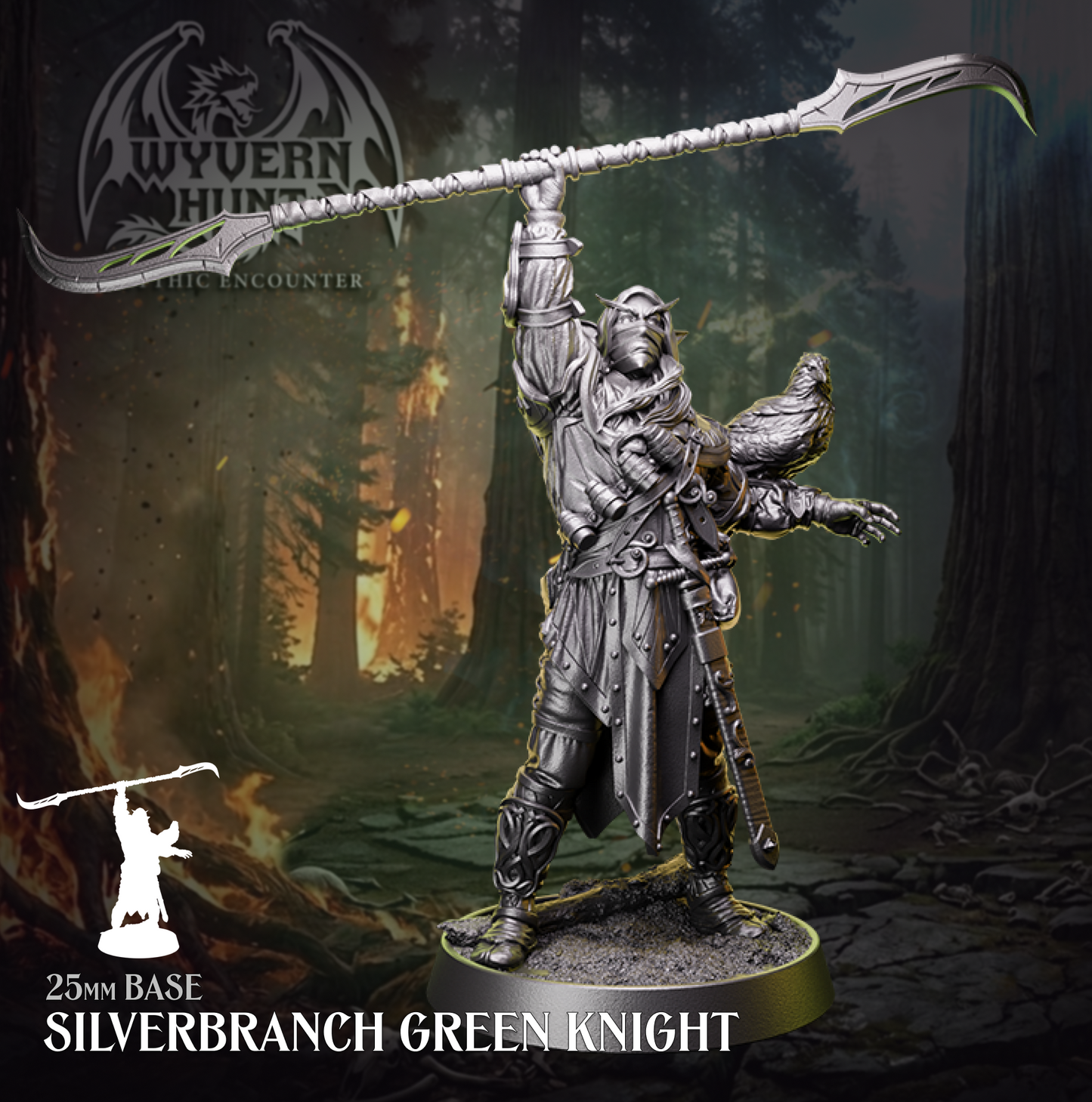 Physical resin tabletop miniature of the Silverbranch Green Knight from the Wyvern Hunt Mythic Encounter by Helios Tabletop. Armoured elf figure raising a curved glaive overhead with a bird of prey perched on one arm, mounted on a 25mm base. Compatible with D&D 5e and Pathfinder.