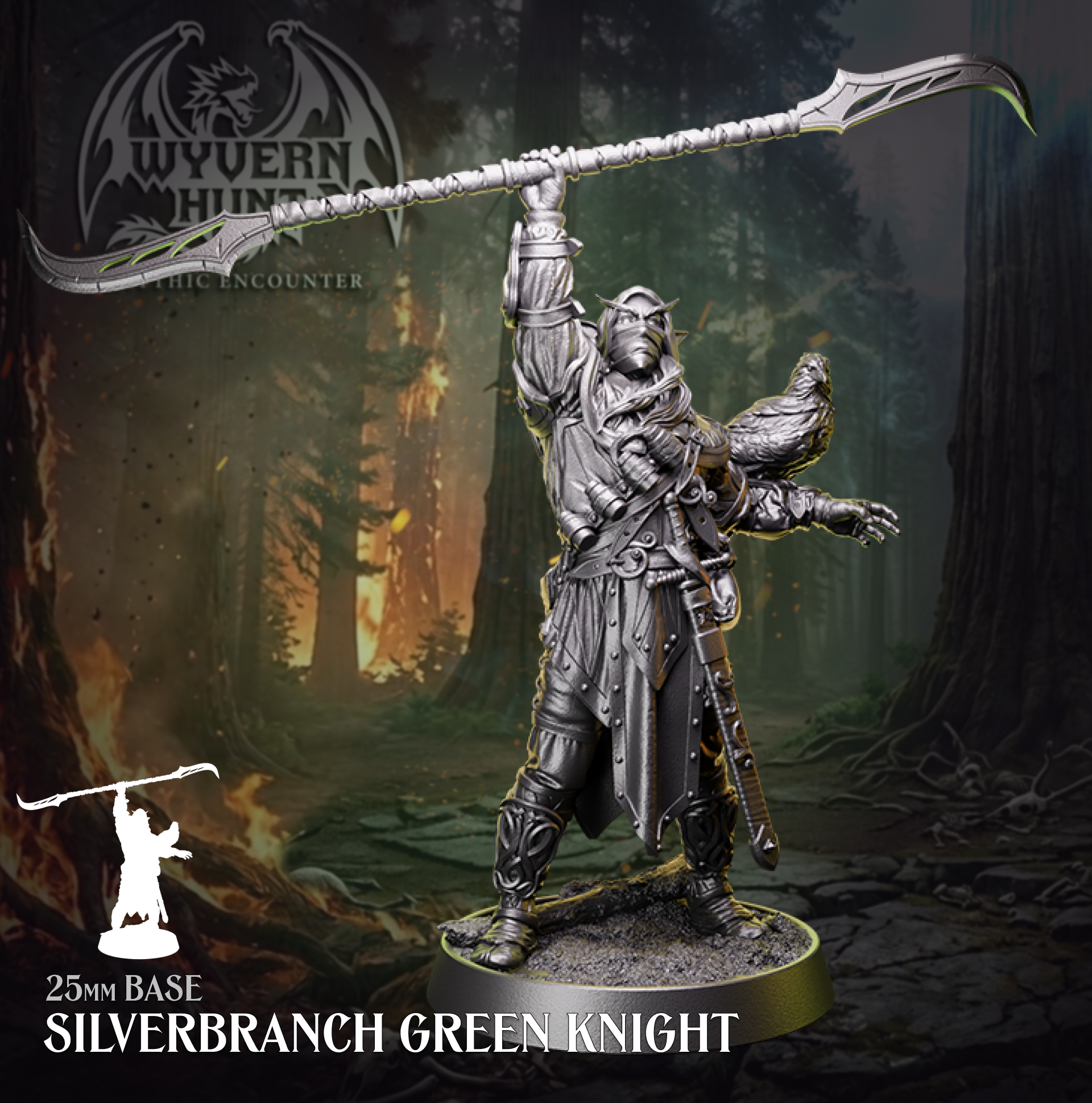 Physical resin tabletop miniature of the Silverbranch Green Knight from the Wyvern Hunt Mythic Encounter by Helios Tabletop. Armoured elf figure raising a curved glaive overhead with a bird of prey perched on one arm, mounted on a 25mm base. Compatible with D&D 5e and Pathfinder.