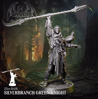 Physical resin tabletop miniature of the Silverbranch Green Knight from the Wyvern Hunt Mythic Encounter by Helios Tabletop. Armoured elf figure raising a curved glaive overhead with a bird of prey perched on one arm, mounted on a 25mm base. Compatible with D&D 5e and Pathfinder.