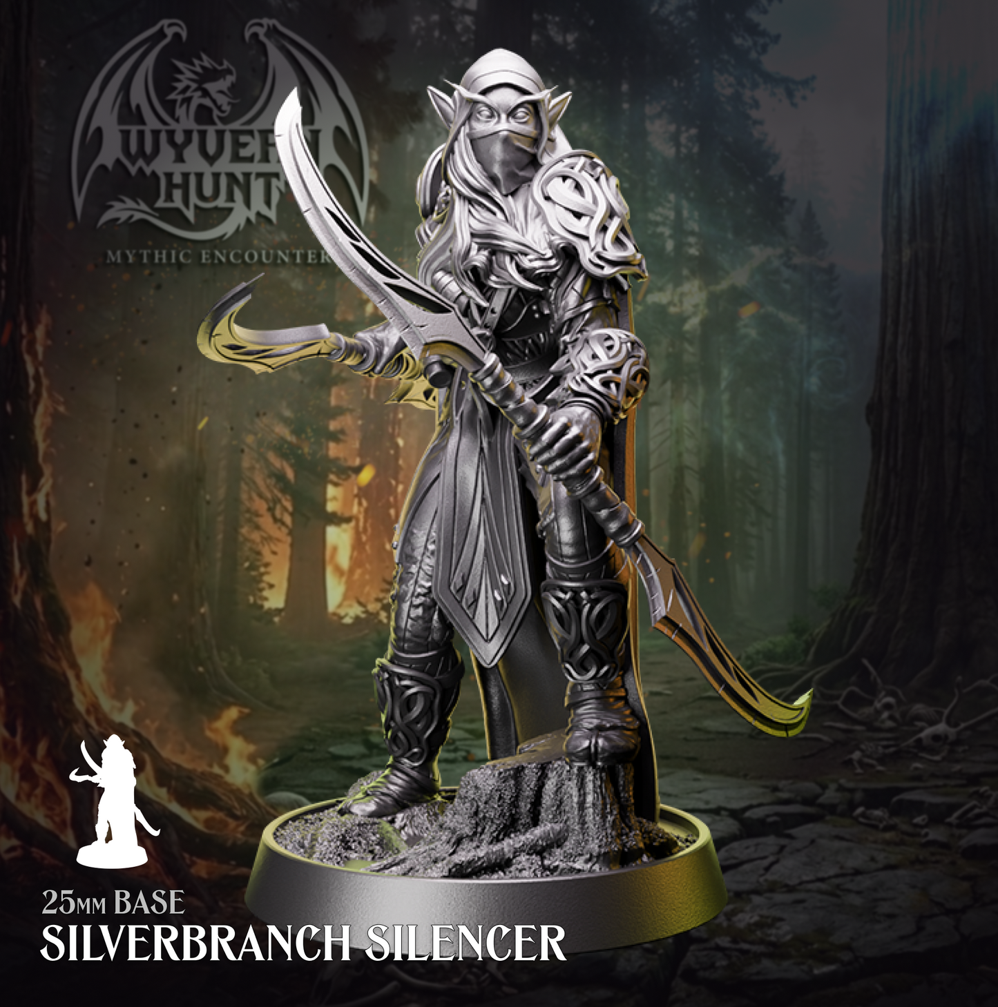 Physical resin tabletop miniature of the Silverbranch Silencer from the Wyvern Hunt Mythic Encounter by Helios Tabletop. Masked elf assassin in ornate armour holding dual curved blades, standing on a tree stump scenic base, mounted on a 25mm base. Compatible with D&D 5e and Pathfinder.