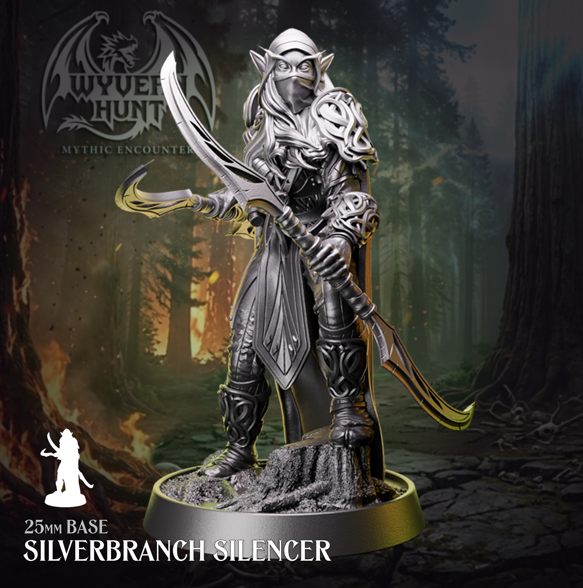 Physical resin tabletop miniature of the Silverbranch Silencer from the Wyvern Hunt Mythic Encounter by Helios Tabletop. Masked elf assassin in ornate armour holding dual curved blades, standing on a tree stump scenic base, mounted on a 25mm base. Compatible with D&D 5e and Pathfinder.