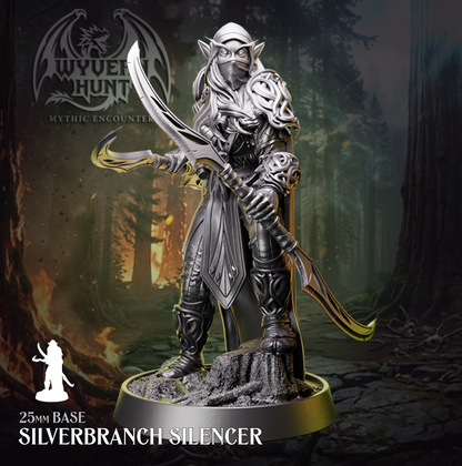 Physical resin tabletop miniature of the Silverbranch Silencer from the Wyvern Hunt Mythic Encounter by Helios Tabletop. Masked elf assassin in ornate armour holding dual curved blades, standing on a tree stump scenic base, mounted on a 25mm base. Compatible with D&D 5e and Pathfinder.