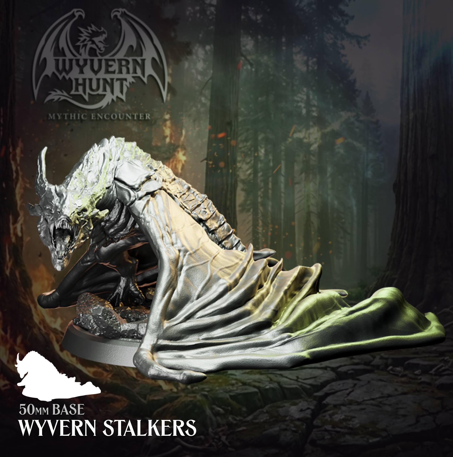 Physical resin tabletop miniature of a Wyvern Stalker from the Wyvern Hunt Mythic Encounter by Helios Tabletop. Large crouching wyvern with folded leathery wings and snarling jaw, draped fabric detail along the base, mounted on a 50mm base. Compatible with D&D 5e and Pathfinder.