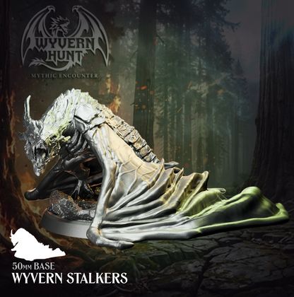 Physical resin tabletop miniature of a Wyvern Stalker from the Wyvern Hunt Mythic Encounter by Helios Tabletop. Large crouching wyvern with folded leathery wings and snarling jaw, draped fabric detail along the base, mounted on a 50mm base. Compatible with D&D 5e and Pathfinder.