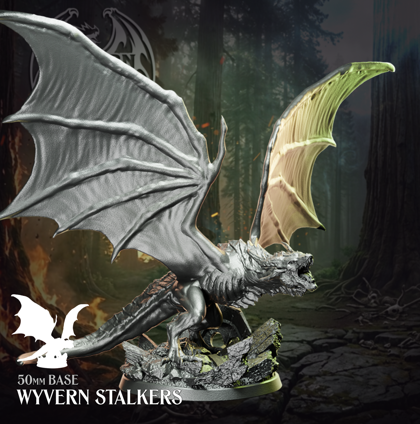 Physical resin tabletop miniature of a Wyvern Stalker from the Wyvern Hunt Mythic Encounter by Helios Tabletop. Large winged dragon-like creature with fully spread wings and open jaw, mounted on a detailed rocky 50mm base. Compatible with D&D 5e and Pathfinder.