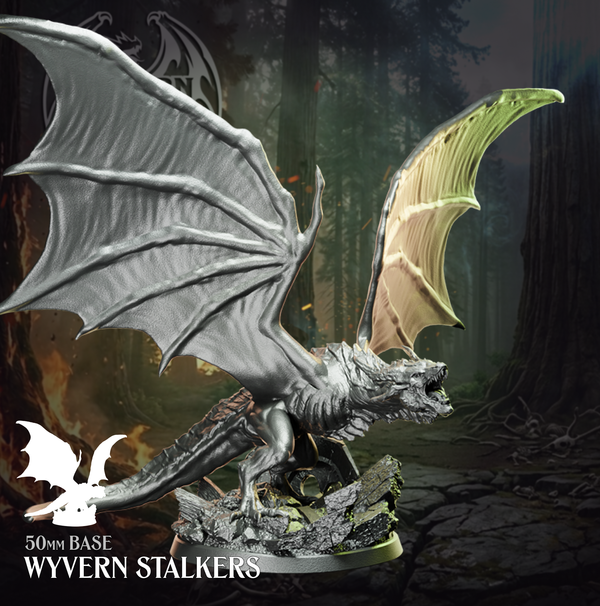 Physical resin tabletop miniature of a Wyvern Stalker from the Wyvern Hunt Mythic Encounter by Helios Tabletop. Large winged dragon-like creature with fully spread wings and open jaw, mounted on a detailed rocky 50mm base. Compatible with D&D 5e and Pathfinder.