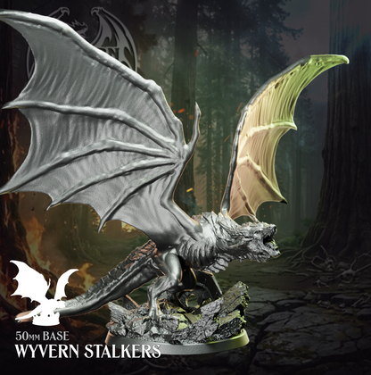 Physical resin tabletop miniature of a Wyvern Stalker from the Wyvern Hunt Mythic Encounter by Helios Tabletop. Large winged dragon-like creature with fully spread wings and open jaw, mounted on a detailed rocky 50mm base. Compatible with D&D 5e and Pathfinder.