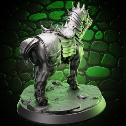 Back view of Armored War Horse miniature highlighting its tail armor, saddle detail, and rear plating.