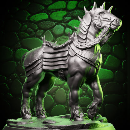 Armored War Horse miniature standing in plated barding, ideal as a mount or familiar for D&D 5e tabletop encounters.