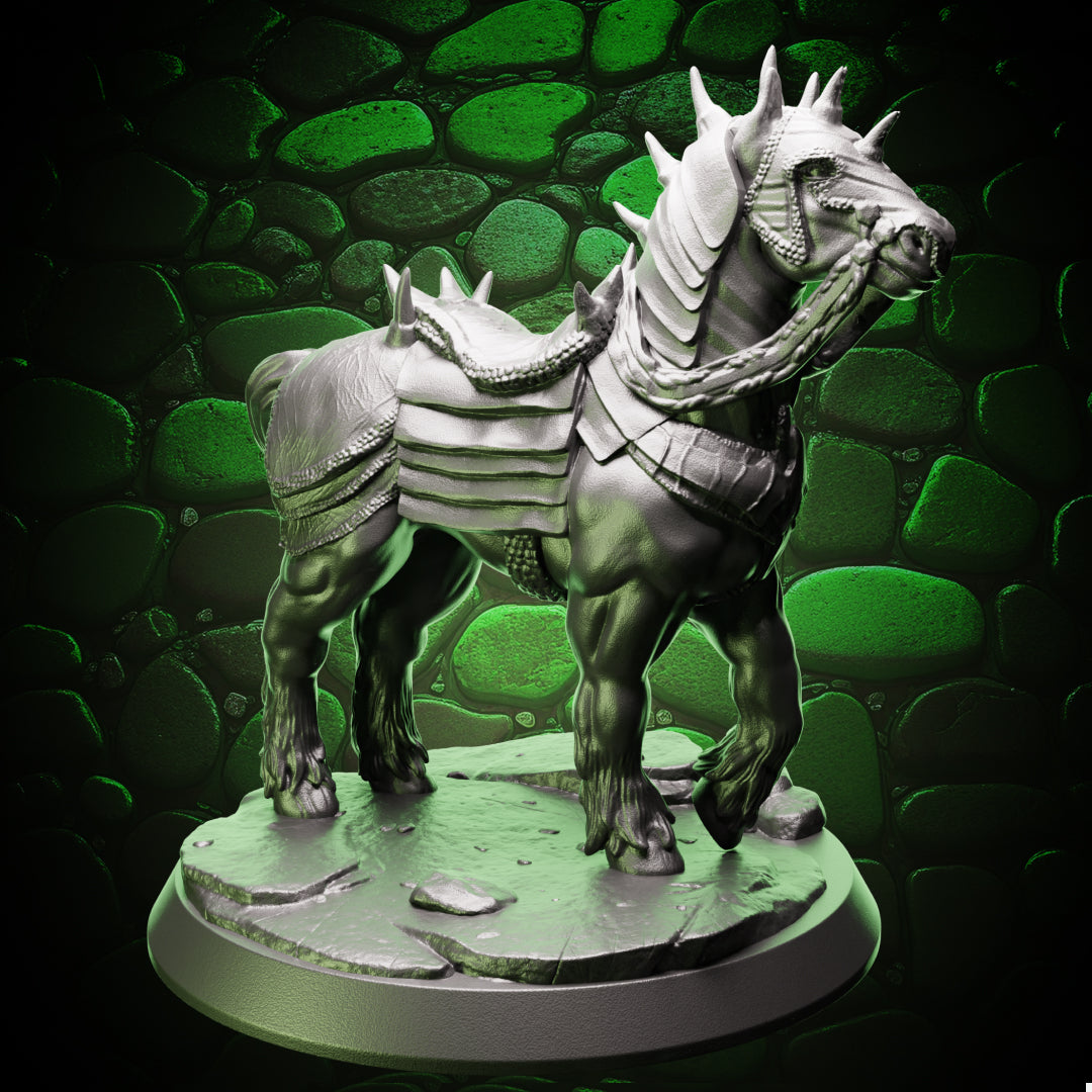 Front view of Armored War Horse miniature showing detailed armor and muscular sculpting for tabletop display.