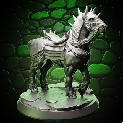 Front view of Armored War Horse miniature showing detailed armor and muscular sculpting for tabletop display.