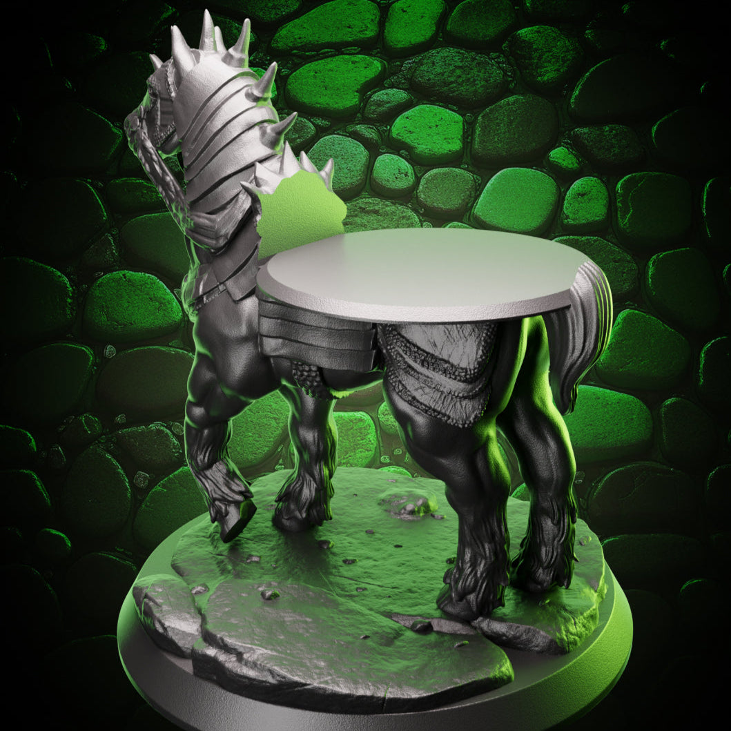 Back view of Rider-Compatible Armored War Horse miniature highlighting saddle opening and rear armor detail.