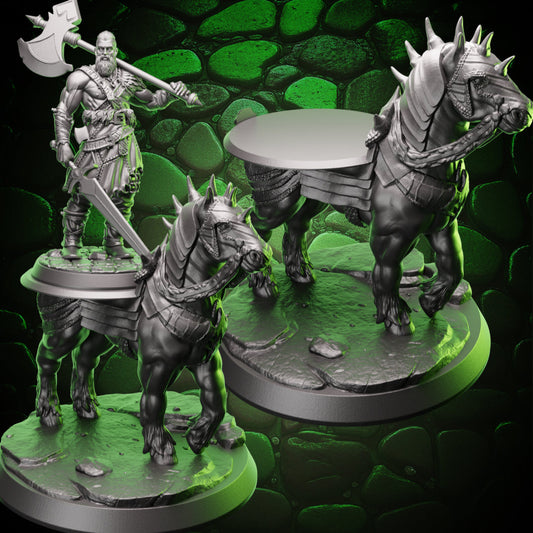 Rider-Compatible Armored War Horse miniature with open saddle, ideal for mounting hero minis in D&D 5e.