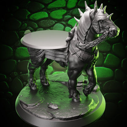 Front view of Rider-Compatible Armored War Horse miniature showing armor detail and mounted hero placement.