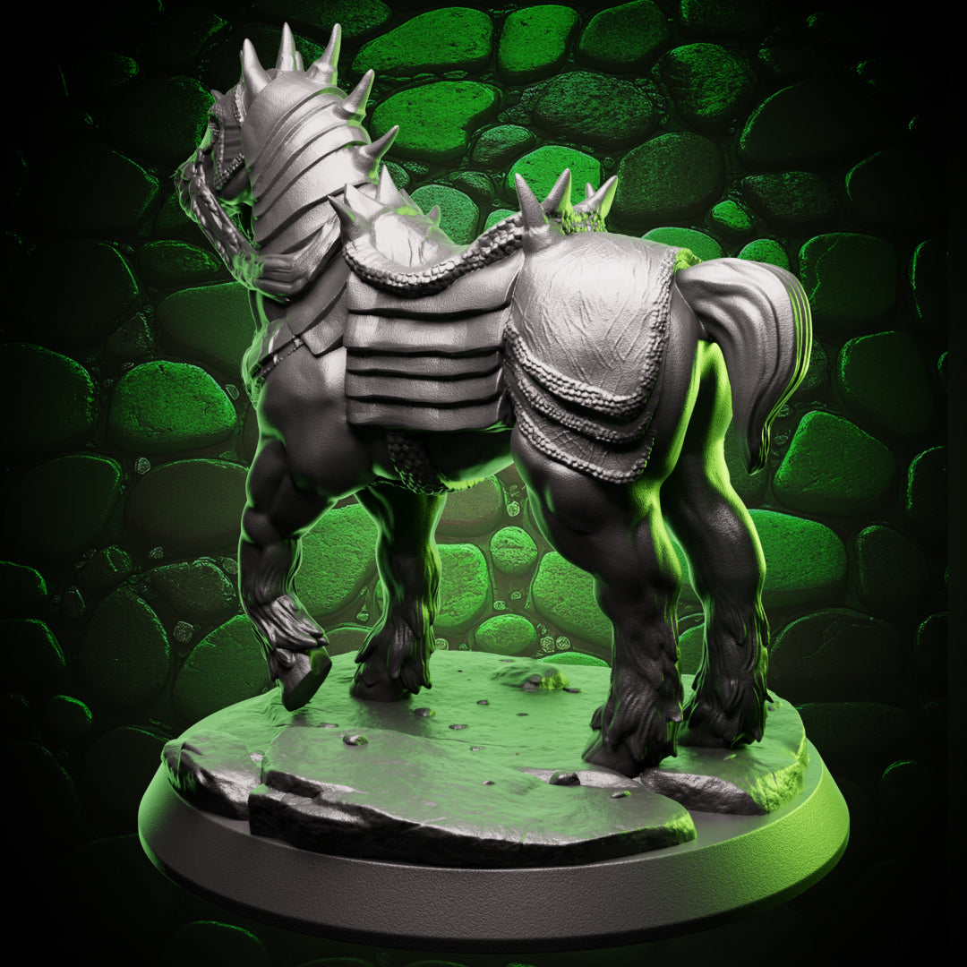 Side view of Armored War Horse miniature showing the engraved armor plates and stance for painting reference.
