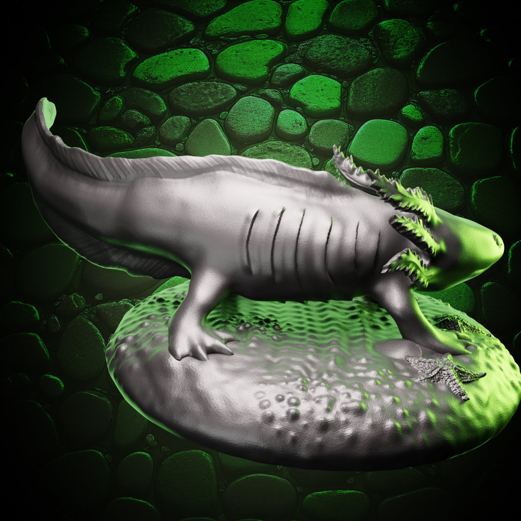 Back view of Axolotl Familiar miniature highlighting the flowing dorsal fins and textured skin.