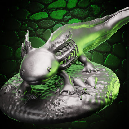 Axolotl Familiar miniature resting on a stone base with mystical green lighting, ideal for D&D 5e druids and wizards.