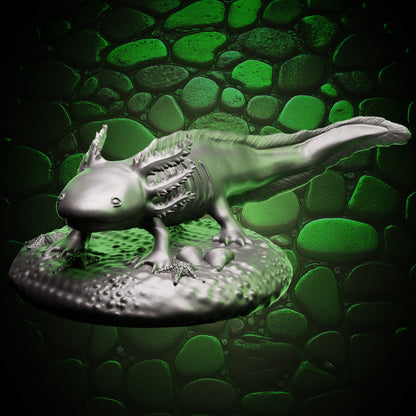 Front view of Axolotl Familiar miniature showing its fin details and curved tail for painting reference.