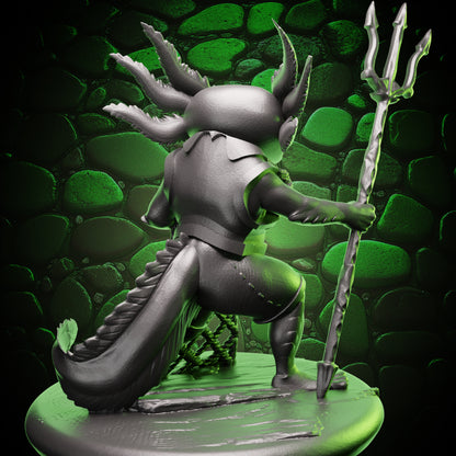 Rear angle of Axolotl Fighter miniature showing tail, armor, and trident details, designed for Dungeons & Dragons or Pathfinder campaigns. 