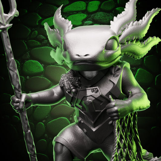 Close-up of Axolotl Fighter miniature holding a trident and net, detailed fantasy RPG resin model for 5e and Pathfinder. 