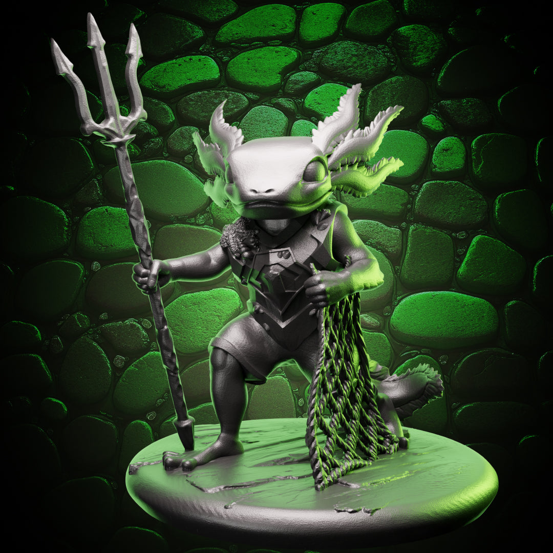 Front view of Axolotl Fighter RPG miniature wielding a trident and net, posed on 25mm base for tabletop adventures. 