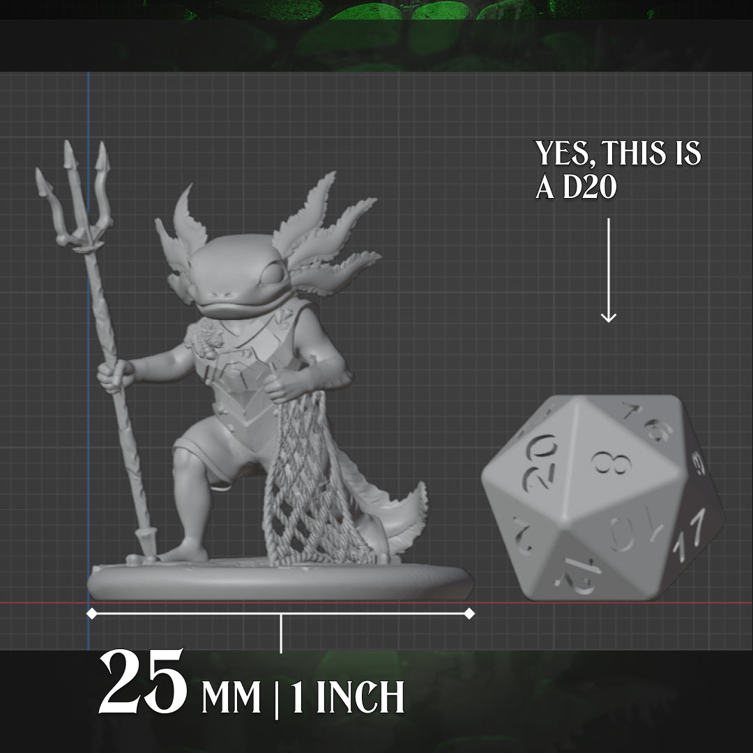 Axolotl Fighter miniature shown beside a D20 dice for scale, 25mm base resin model for fantasy tabletop RPGs.