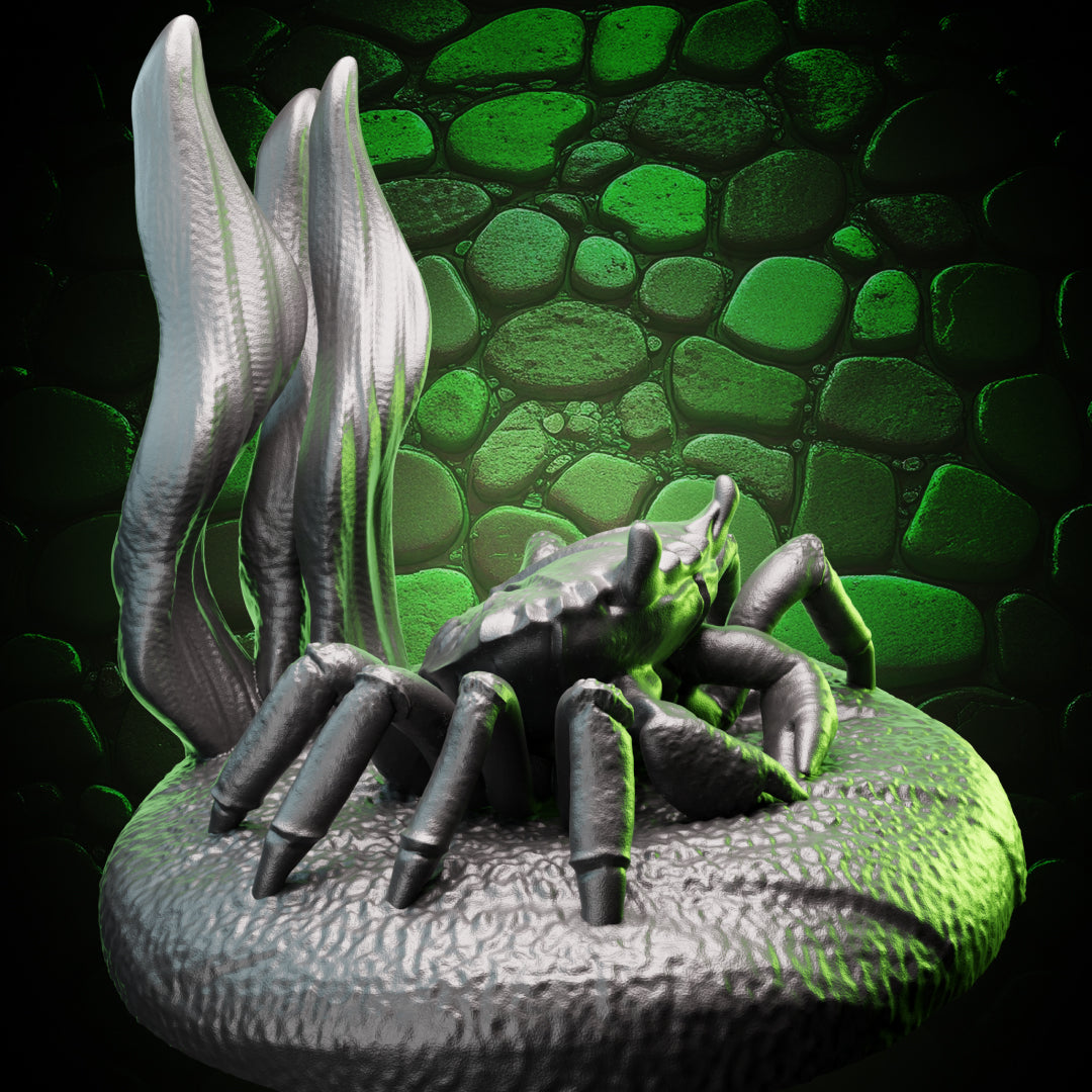 Angled view of Crab Familiar miniature showing armored claws and base design