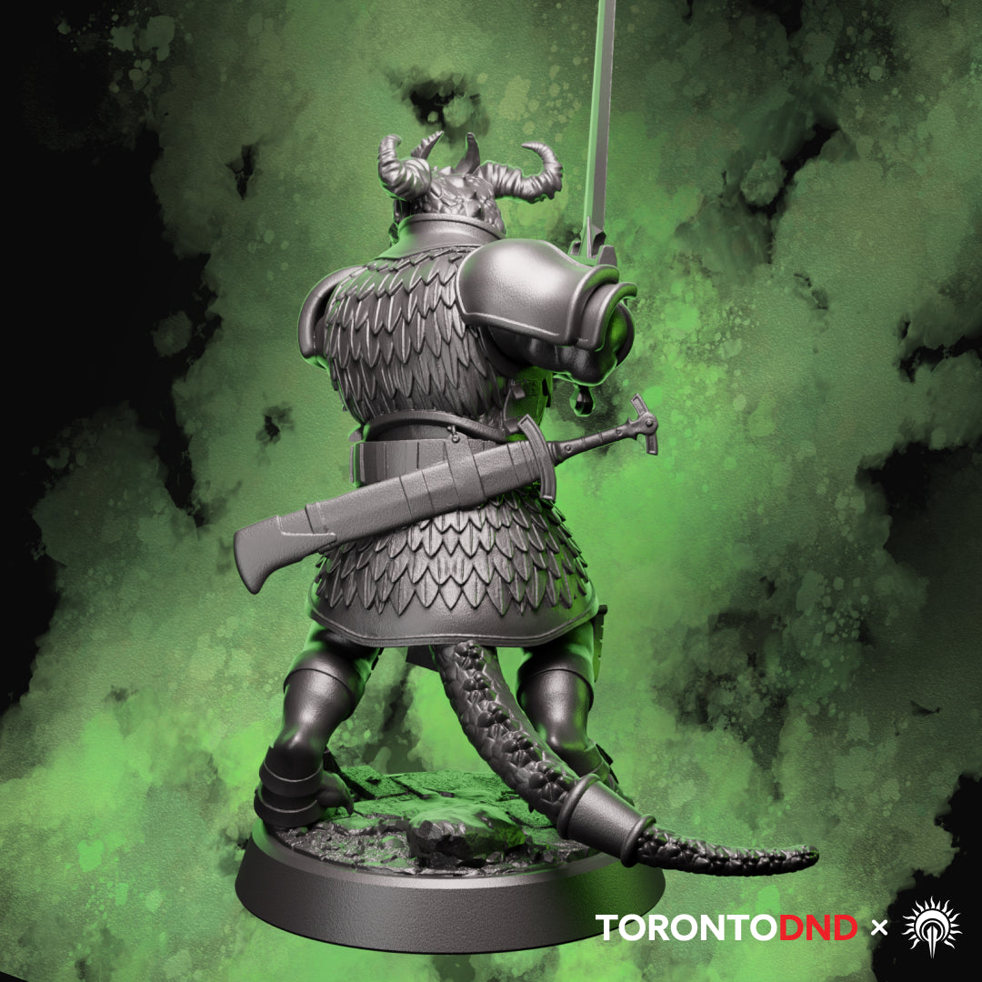 Rear view of a Dragonborn Fighter miniature displaying scaled armor, tail detail, and rear plating