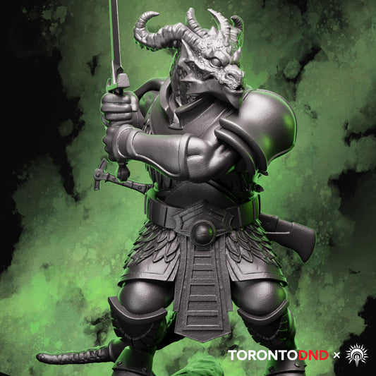 Dragonborn Fighter miniature wielding a greatsword, standing ready for battle on a 25mm base for tabletop RPGs