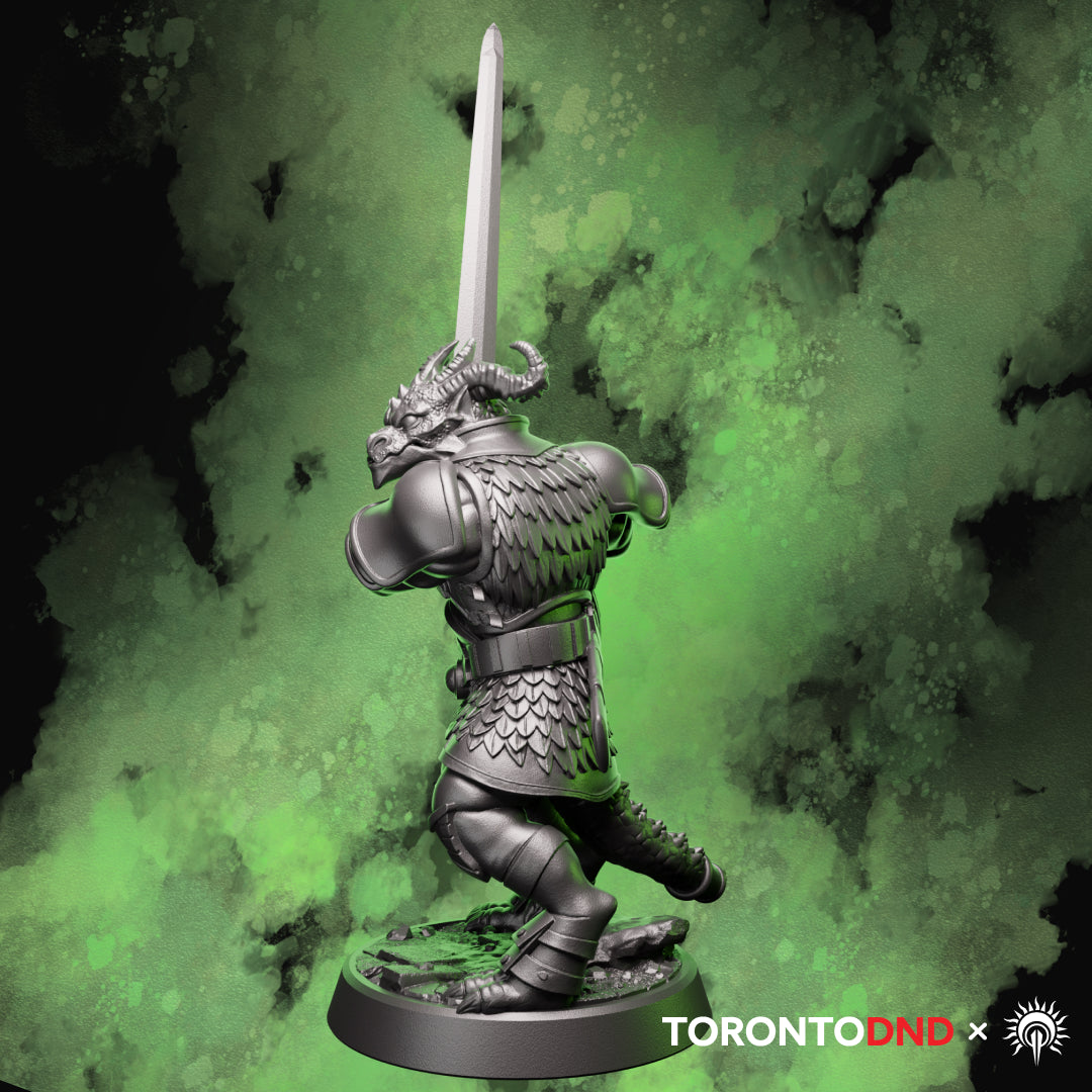 Left side view of a Dragonborn Fighter miniature showing layered armor, tail, and sword alignment