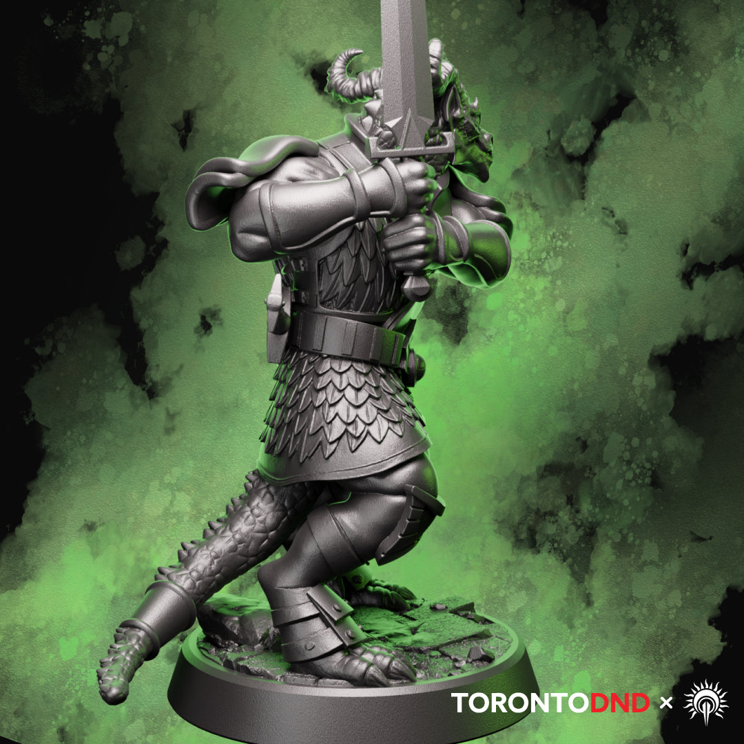 Right side view of a Dragonborn Fighter miniature highlighting scale texture, pauldrons, and blade profile