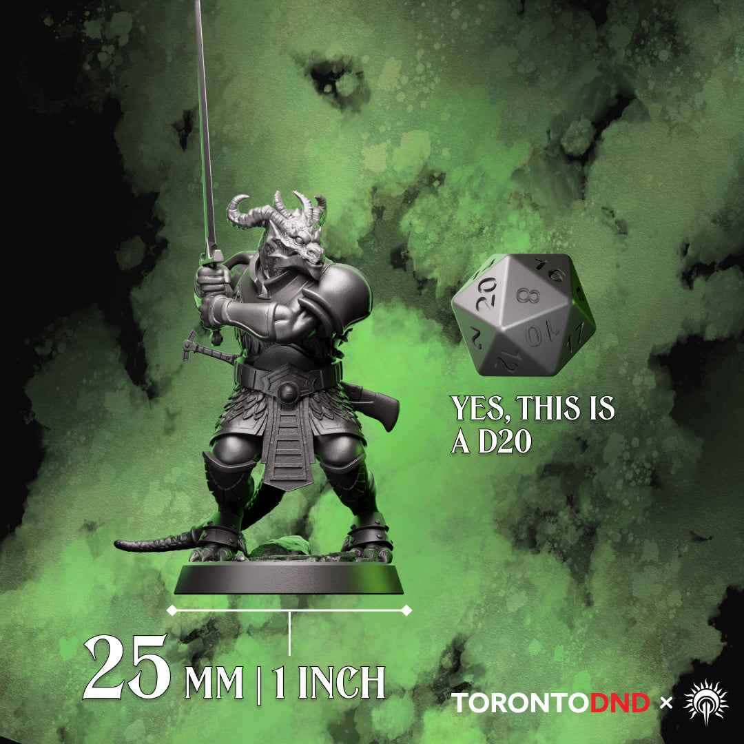 Dragonborn Fighter miniature shown beside a D20 for scale reference, mounted on a 25mm base