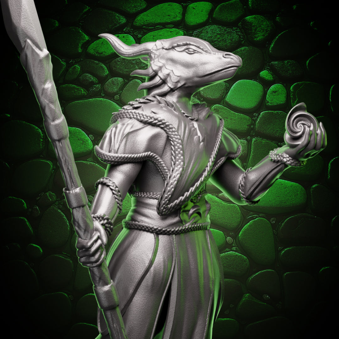 Dragonborn sorceress casting a cantrip with staff, detailed scales and flowing robes, character for D&D and Pathfinder