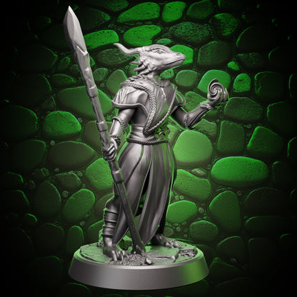 Front angle of dragonborn sorceress with staff and crackling cantrip, crisp scale texture and robe detail